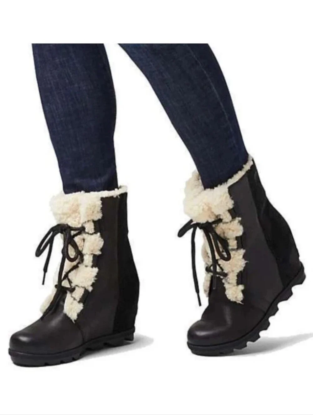 Sorel Joan of Arctic Black Leather & Shearling Wedge Winter Boots 9